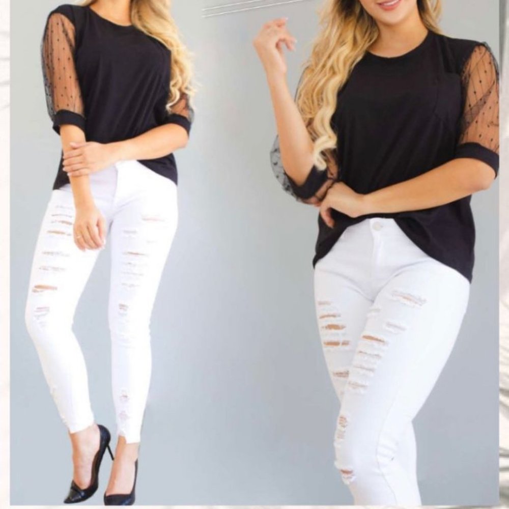 Black blouse w/ Sheer sleeves and Gold accents Size Medium